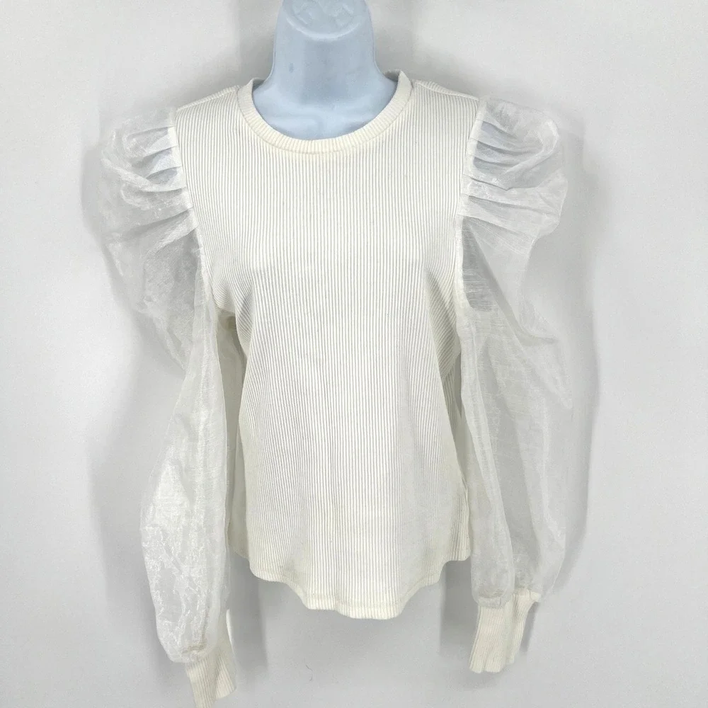 DOLAN Puff Sleeve Top‎ Anthropologie White Ruched Sleeves Romantic Size L